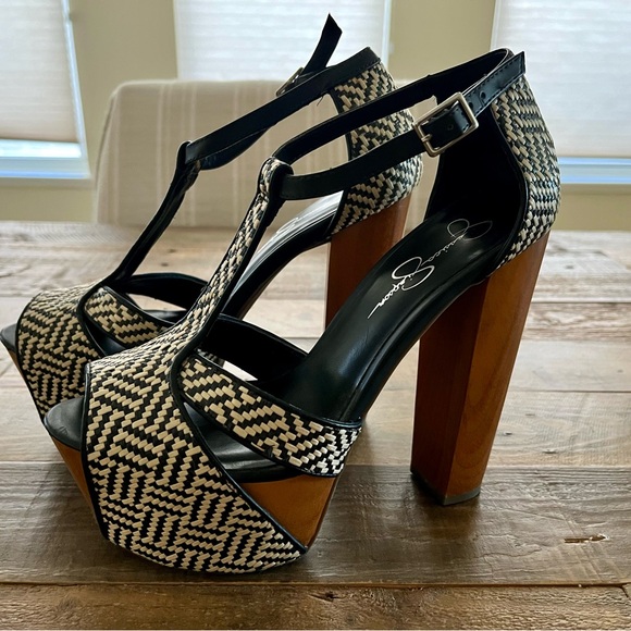 JESSICA SIMPSON WOOD PLATFORM HEELS SIZE 7.5 - Picture 2 of 8